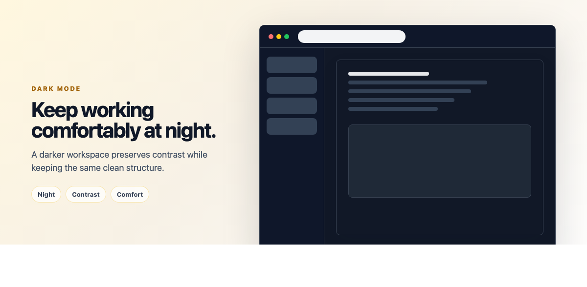 Dark mode for comfortable night-time reading