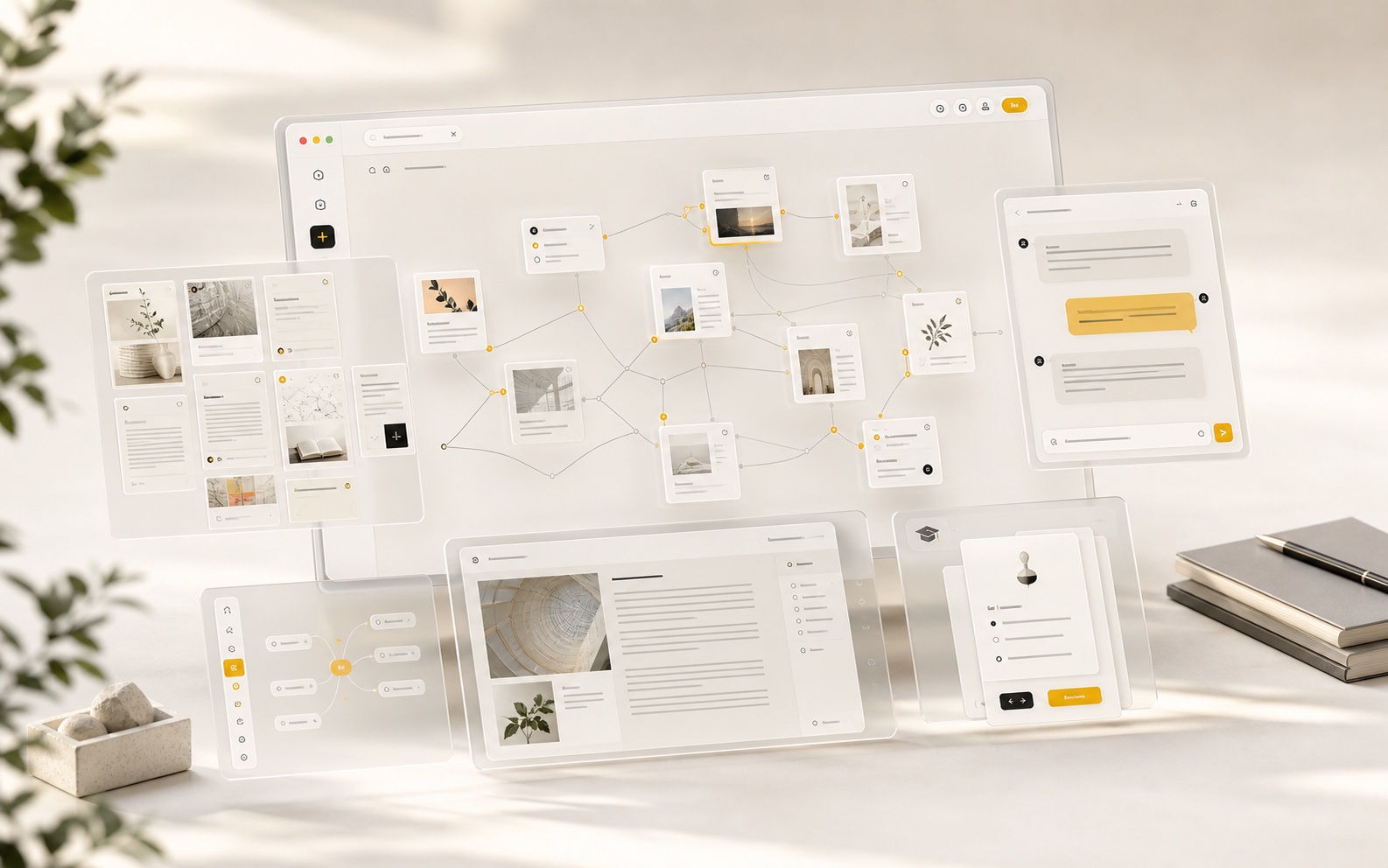 A polished Weavernote knowledge workspace with connected notes, AI tools, and visual maps