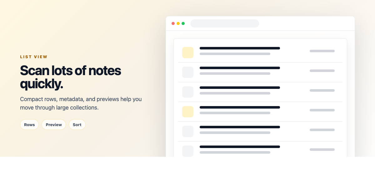 Efficient list view for quick note browsing and organization
