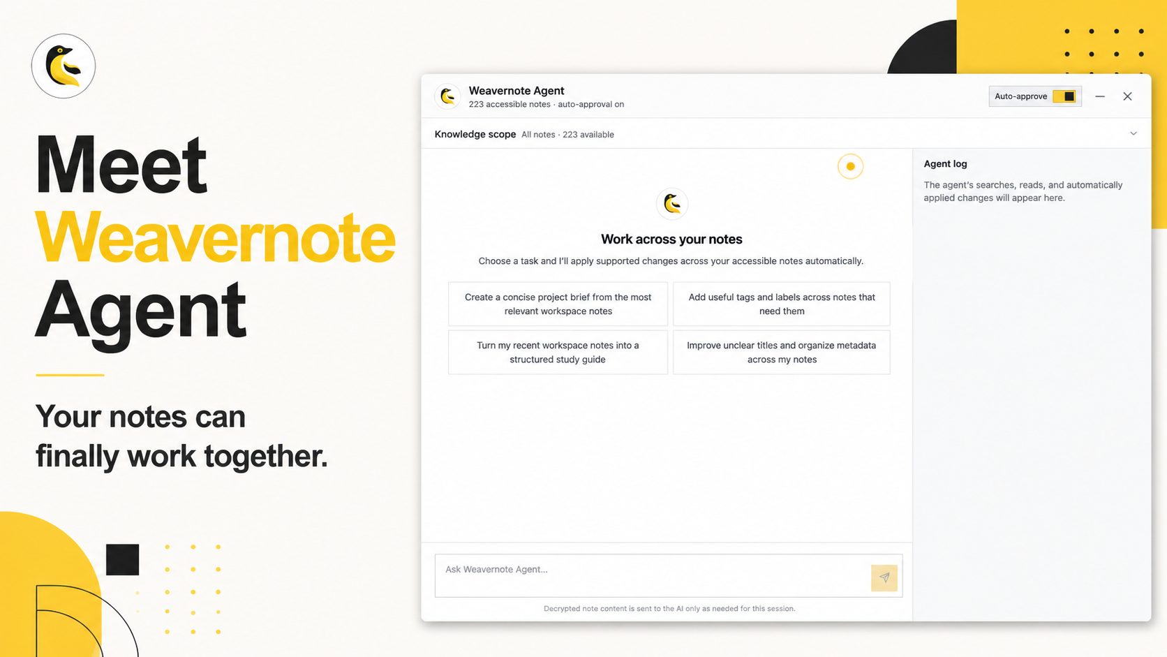 Launch graphic showing Weavernote Agent working across accessible notes